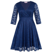 Hanna Nikole Womens Dreiviertellänge Ärmel V-Ausschnitt Navy Lace Plus Size Kleid HN0022-3